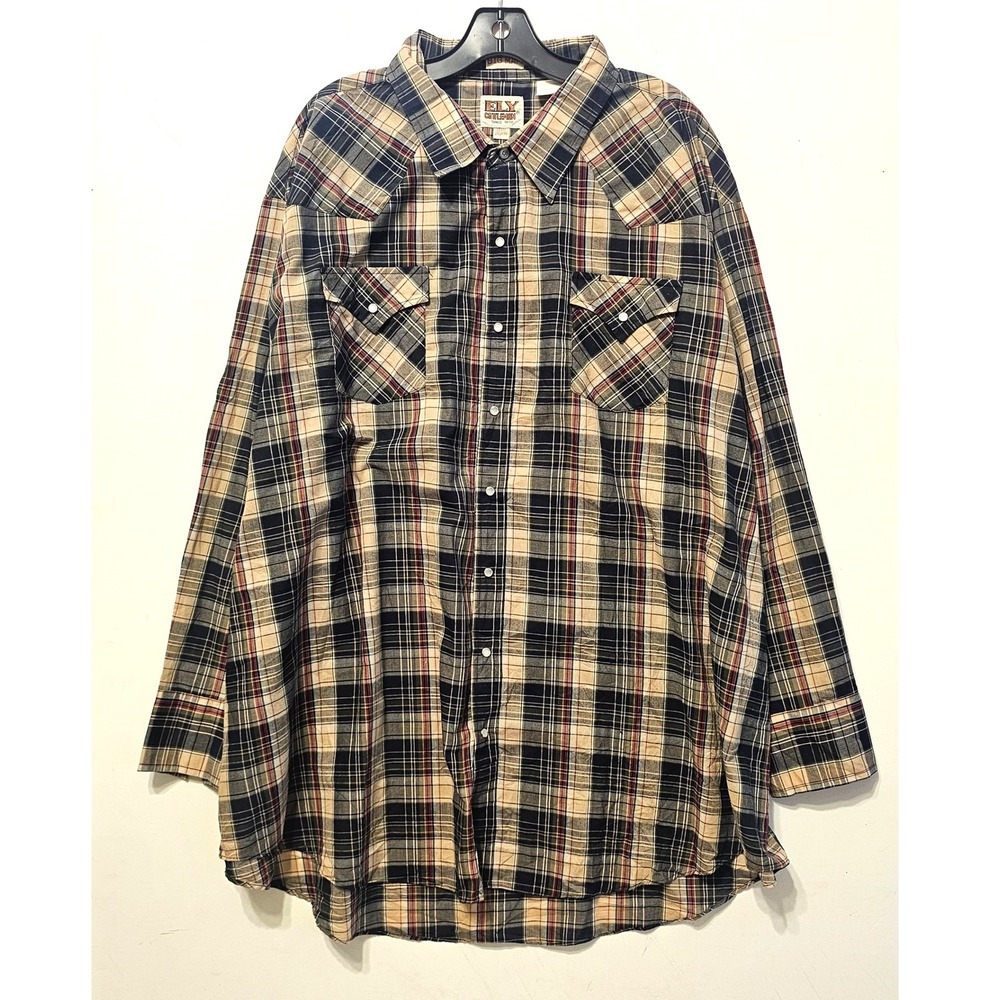 Ely Cattleman Mens 4X Big Plaid Western Pearl Snap Long Sleeve Shirt Tan Navy